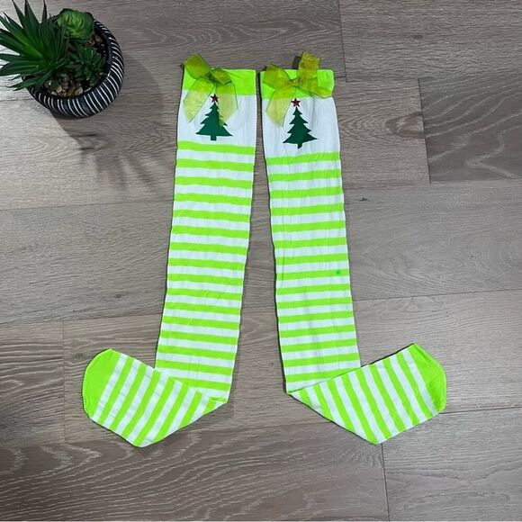 Christmas Tree Green Striped Thigh High Socks - Picture 1 of 3